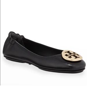 Tory Burch Minnie Travel Ballet Flats Soft Leather Black Gold Logo Dressy Shoes